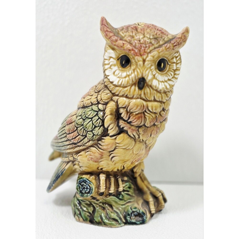 Vintage Enesco Owl Figurine Ceramic Horned Owl Branch E-9182 10 Inch
